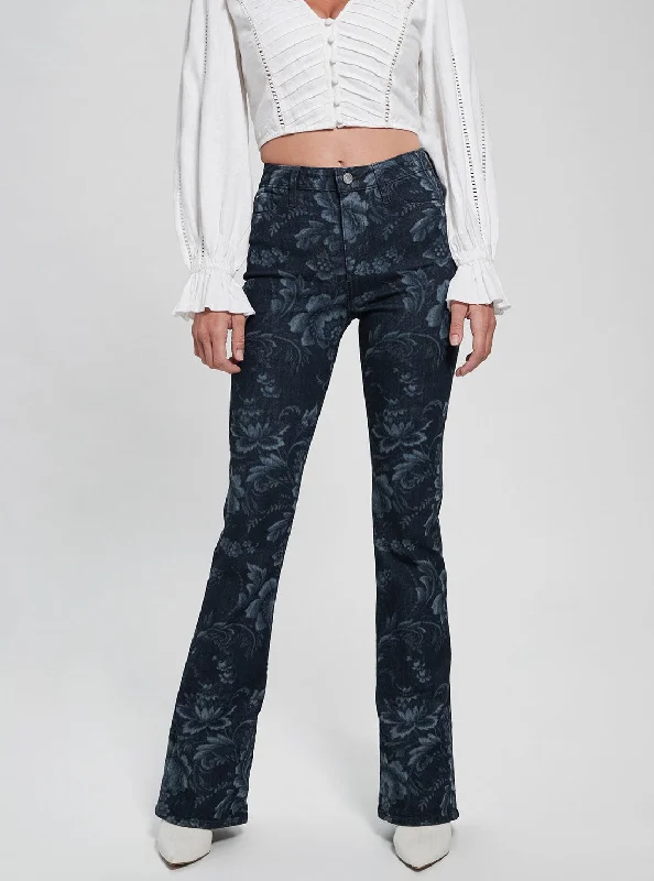 Eco High-Rise Flare Adeline Denim Jeans In Wild Flower Print Wash Trendy Colored Denim Jeans