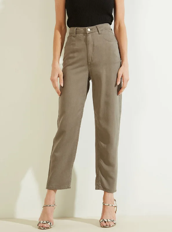 Eco High-Rise Straight Leg Denim Mom Jeans in Green Khaki Comfortable Drawstring Waist Jeans