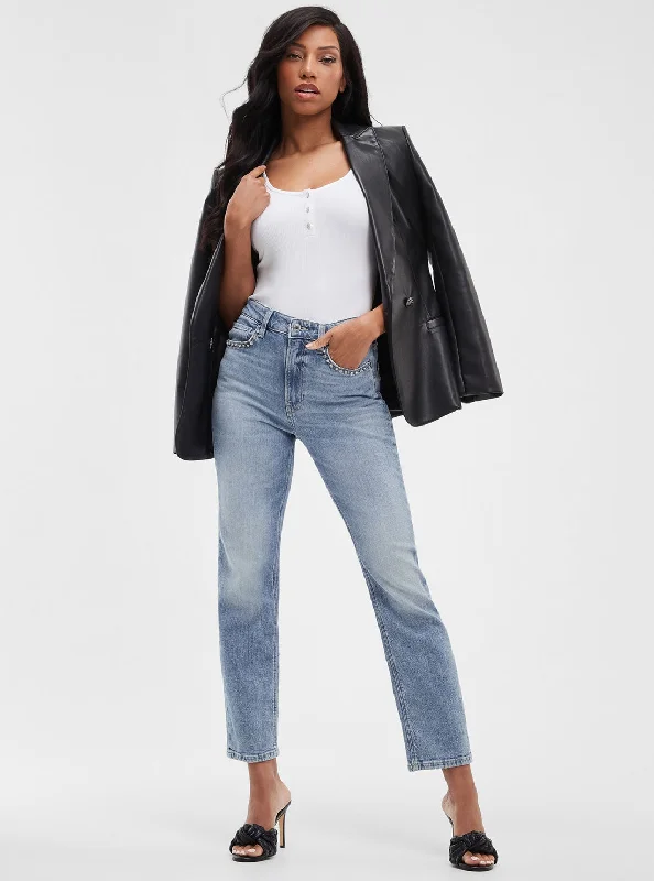 Eco High-Rise Straight Leg Girly Denim Jeans in Feel Pretty Wash Stylish Stone-Wash Denim Jeans