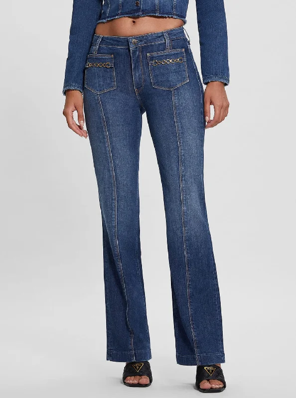 Eco Mid-Rise Bootleg Cut Chain Denim Jeans in Dark Wash Fashionable Raw Hem Bootcut Jeans