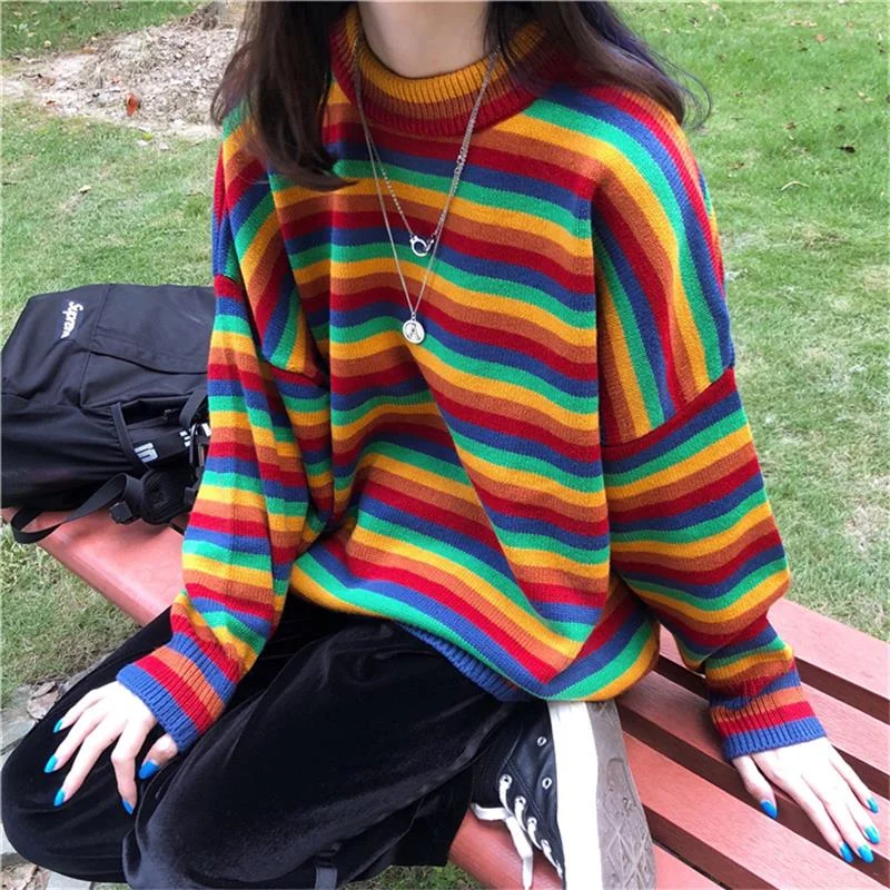 Female Korean Harajuku Hong Kong-flavored Loose Striped Sweater Women's Sweaters Japanese Kawaii Ulzzang Clothing For Women