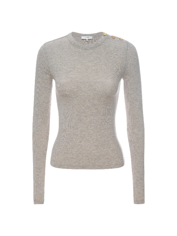 Frame - Long Sleeve Rib Button Crewneck Sweater in Oatmeal Heather