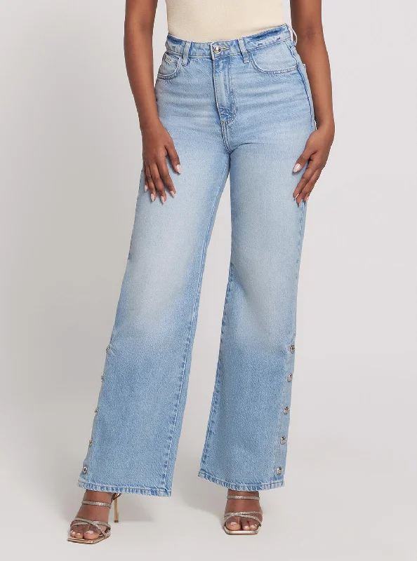 High-Rise Paz Wide Leg Denim Jeans in Light Wash Fashionable Raw Hem Bootcut Jeans