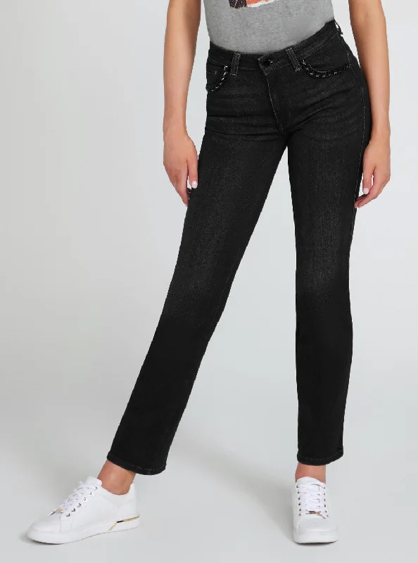 High-Rise Sexy Straight Leg Denim Jeans In Orbit Wash Stylish Acid-Wash Jeans