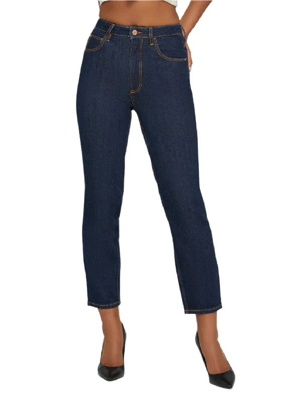 High-Rise Straight Leg Mom Denim Jeans In Authentic Dark Wash Comfortable Zip-Fly Denim Jeans