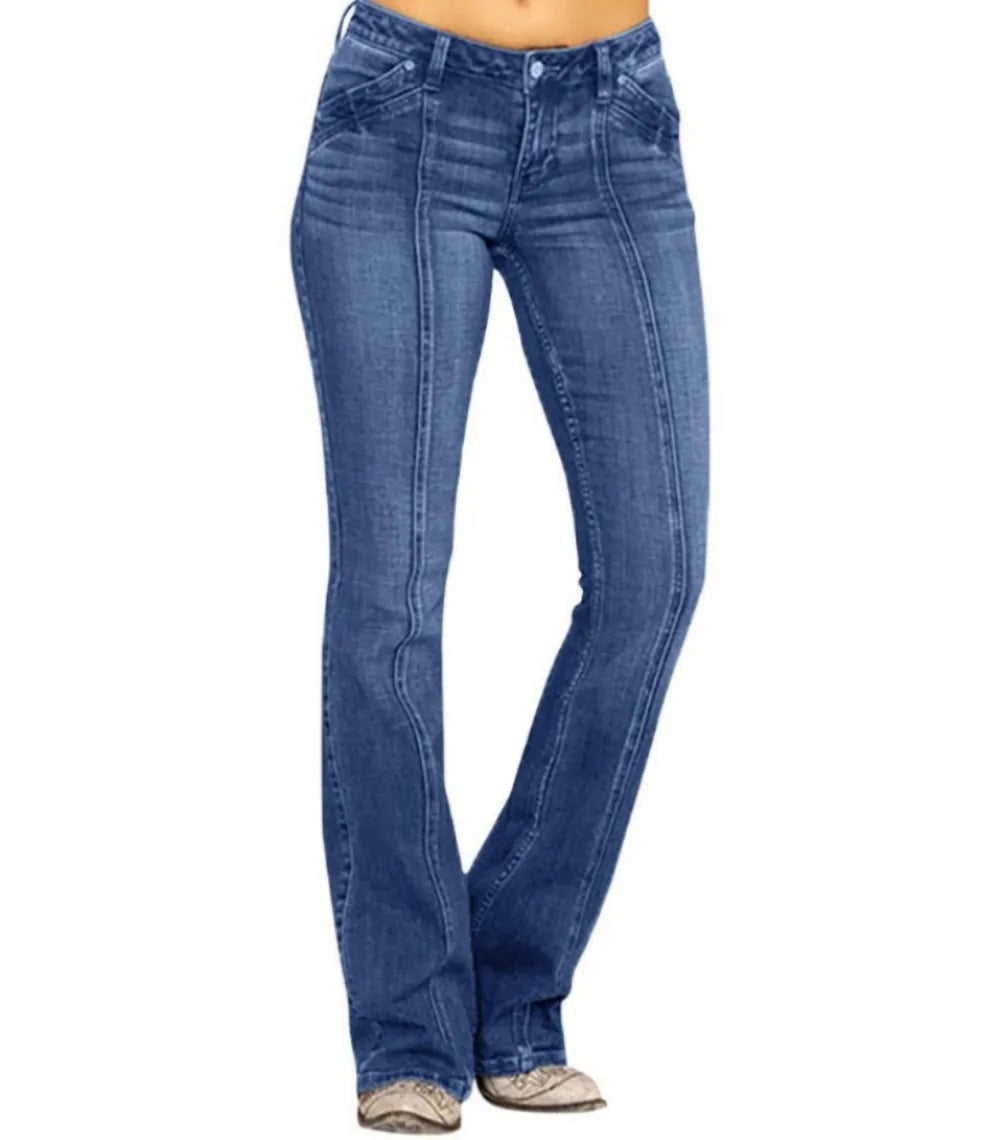High Street Style Low Waist Flared Casual Jeans Pants for Women Chic Double Waistband Jeans