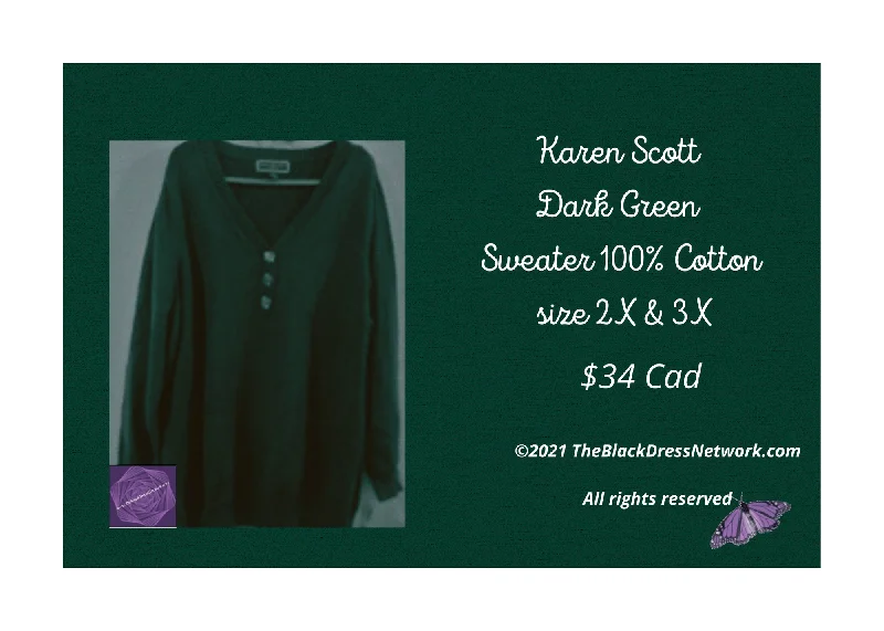 Karen Scott Dark Green  Henley Sweater 100% Cotton Golden buttons Plus 2X or 3X Casual Chic