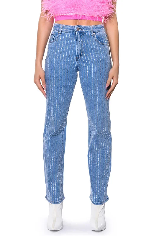 KICK BACK PINSTRIPE RHINESTONE WIDE LEG JEANS Fashionable Vintage Wash Jeans