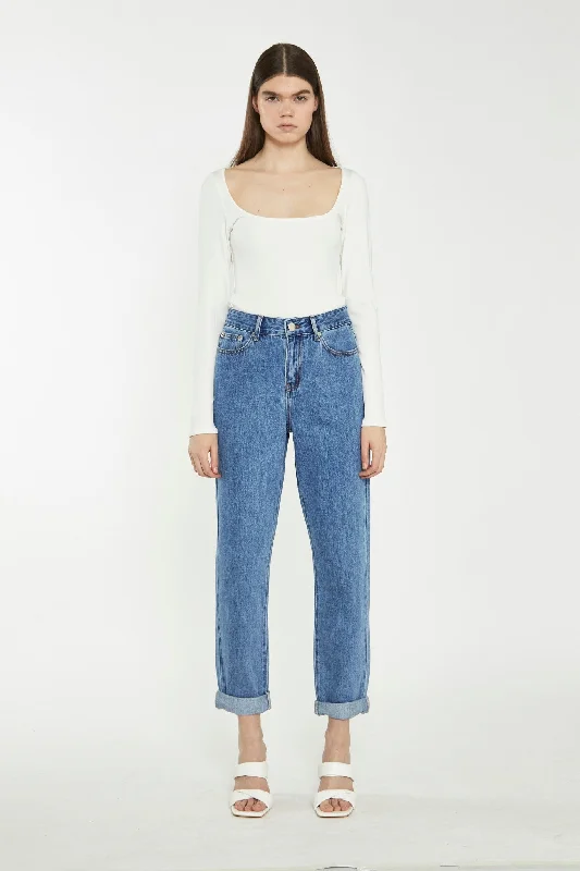 Mid Stonewash Mom Jeans Elegant Raw Hem Jeans