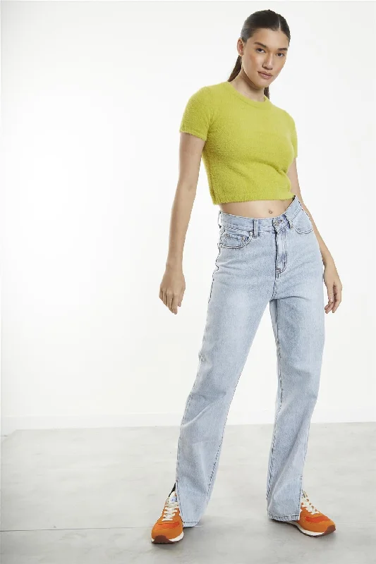 Light Vintage Wash Split-Hem Mom-Jeans Stylish Paperbag Waist Denim