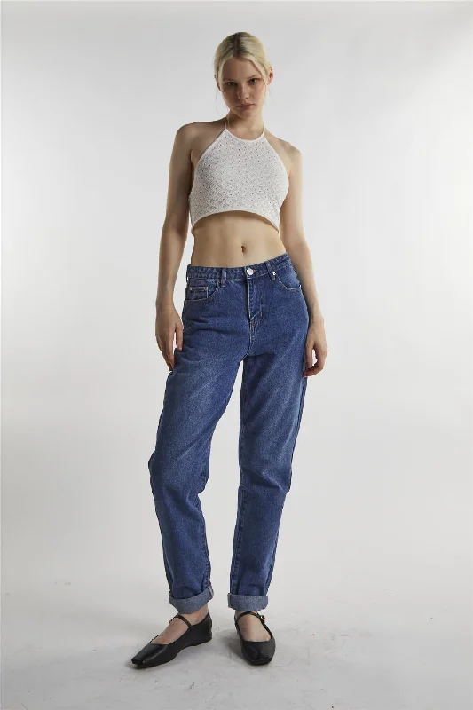 Mid-Stonewash Low-Rise Mom-Jeans Trendy Wide-Leg High-Waist Denim