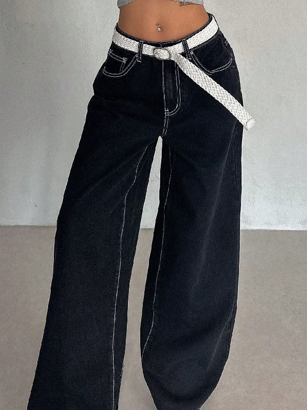 Midnight Indigo Baggy Wide Leg Jeans Casual Bootcut Ripped Jeans