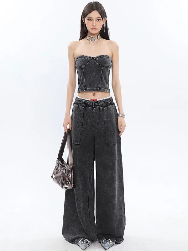 Mina Vintage Grey Denim Bandeau Top + Straight Wide Leg Jeans Pants Matching Set Chic Dark-Wash Skinny Jeans