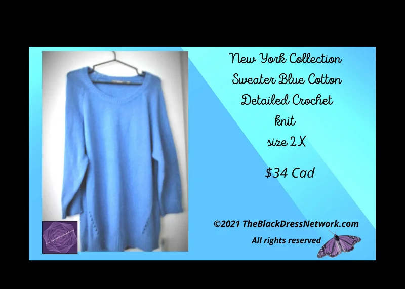 New York Collection Sweater Top Gorgeous Blue Cotton Detailed Crochet Pl 2 X