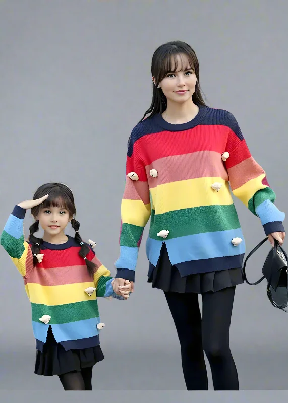 Mother-Daughter Matching Rainbow Striped Sweater with 3D Teddy Bear Details