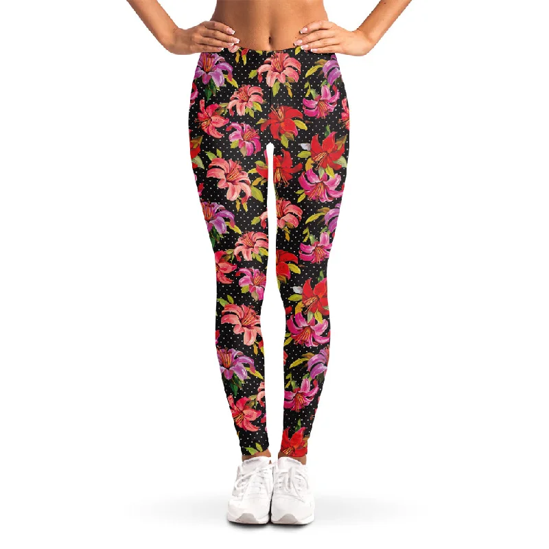 Polka Dot Lily Pattern Print Women's Leggings