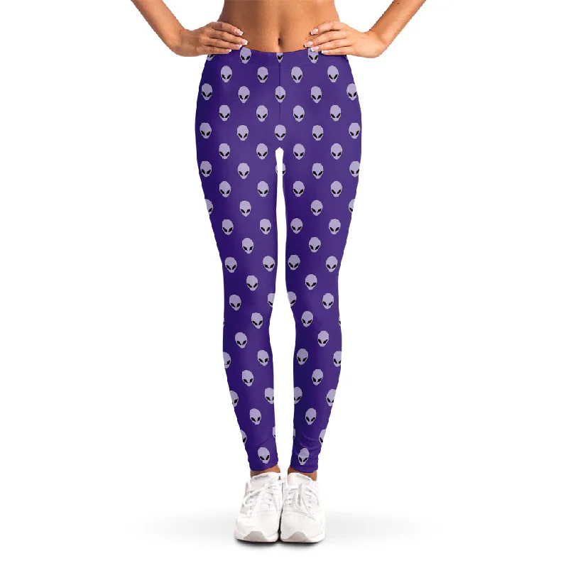 Purple Alien Face Pattern Print Women's Leggings