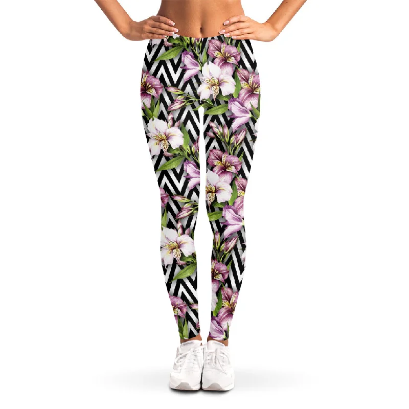 Purple Alstroemeria Zigzag Pattern Print Women's Leggings