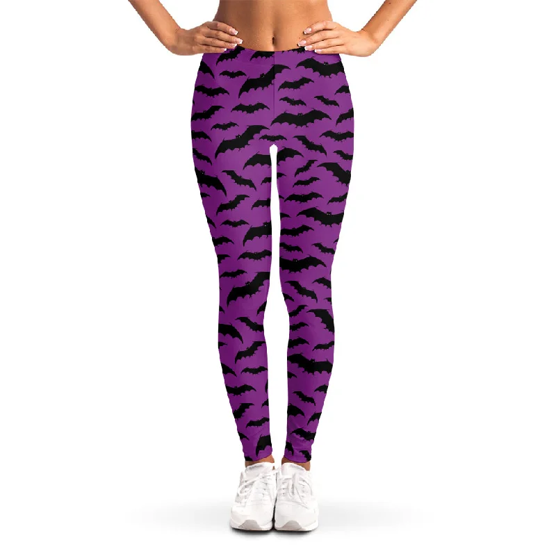 Purple And Black Halloween Bat Print Women's Leggings