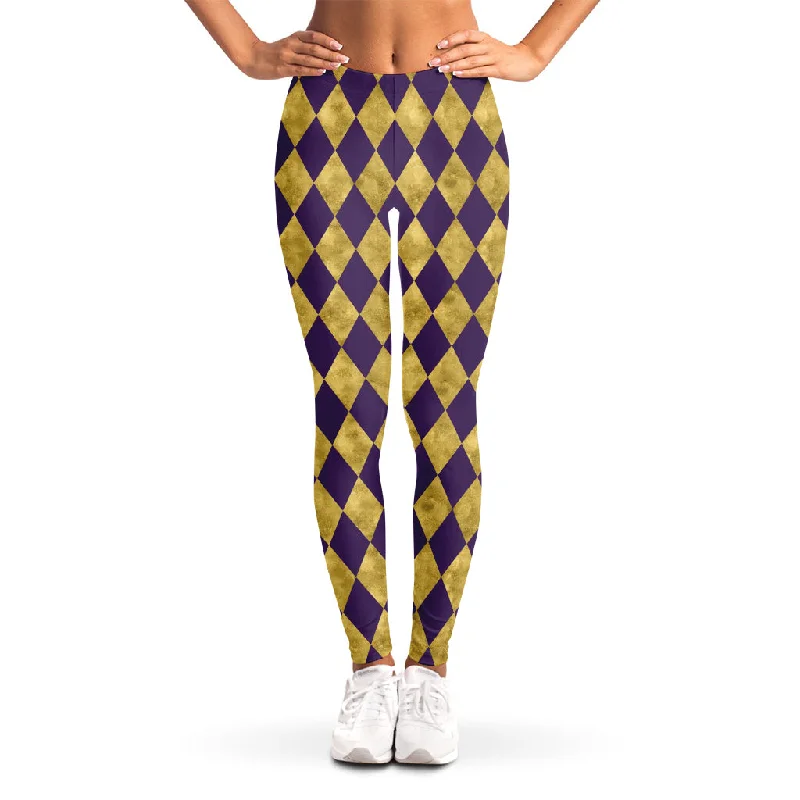 Purple And Gold Harlequin Pattern Print Women's Leggings