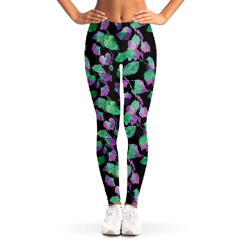 Purple And Green Leaf Pattern Print Women's Leggings