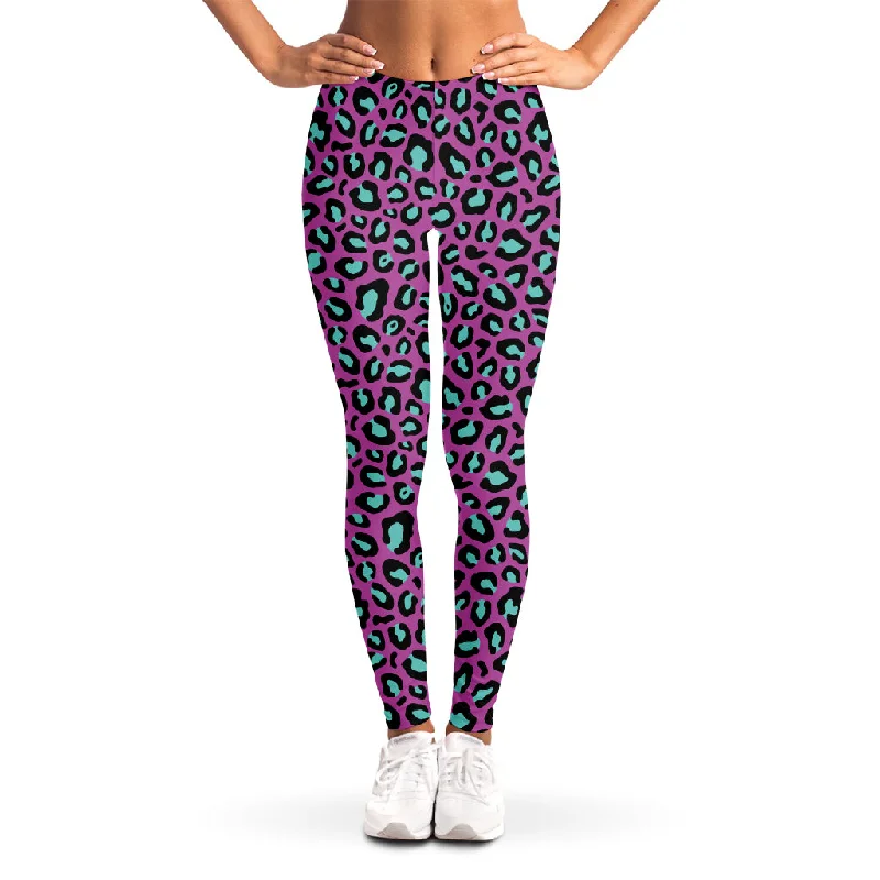 Purple And Teal Leopard Pattern Print Women's Leggings