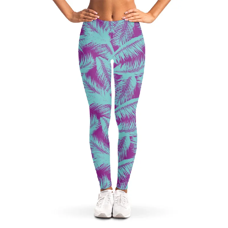 Purple And Teal Tropical Leaf Print Women's Leggings