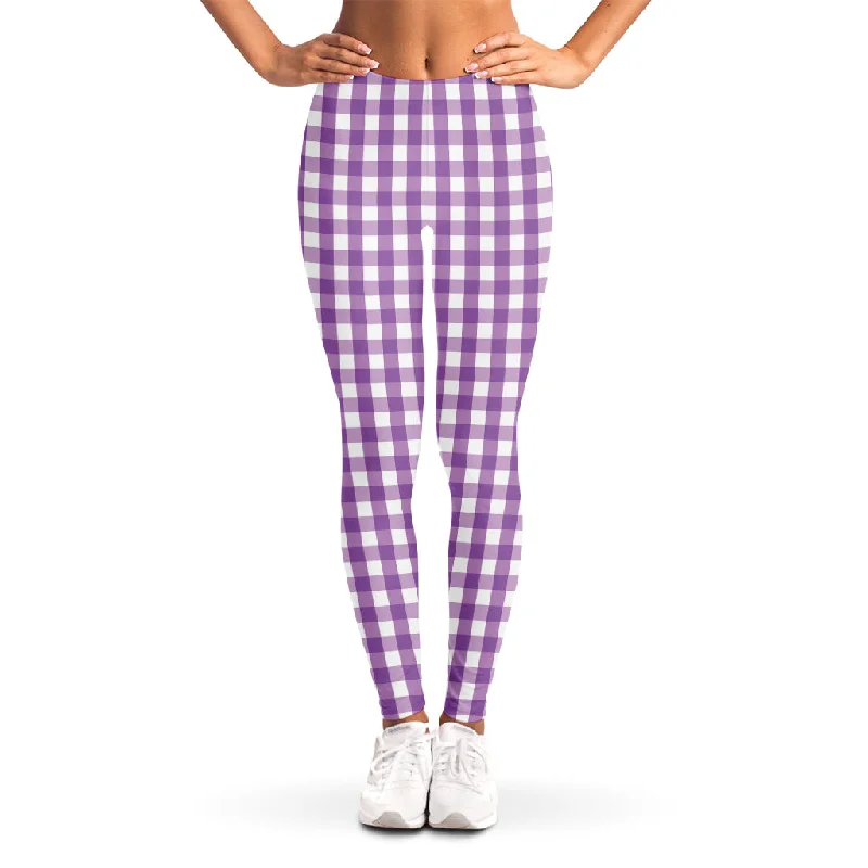 Purple And White Check Pattern Print Women's Leggings