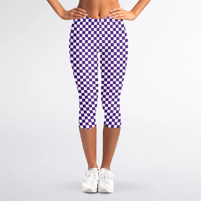 Purple And White Checkered Pattern Print Women's Capri Leggings