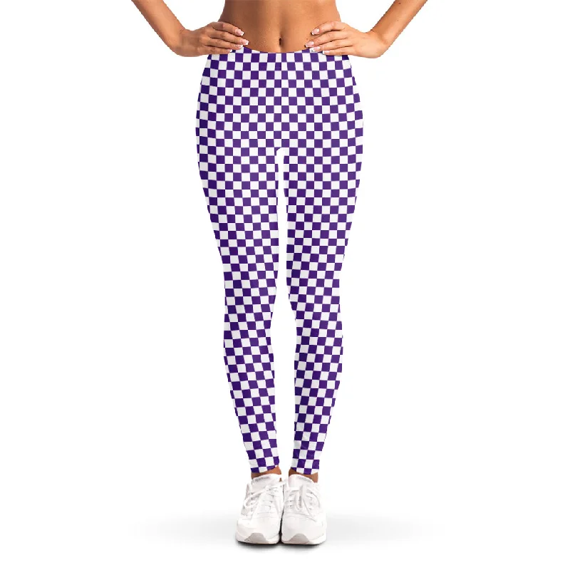 Purple And White Checkered Pattern Print Women's Leggings