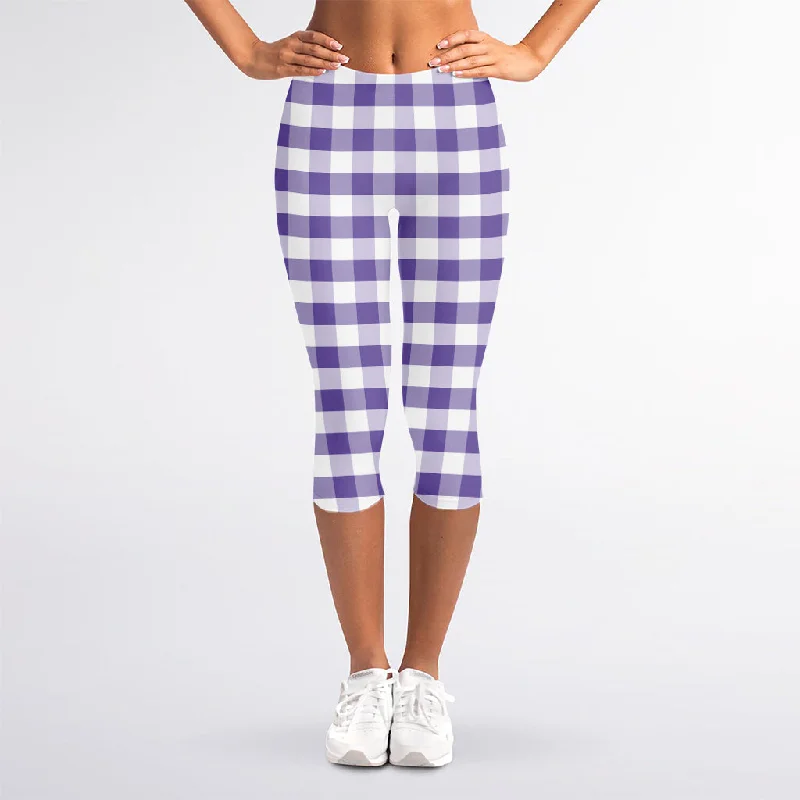 Purple And White Gingham Pattern Print Women's Capri Leggings