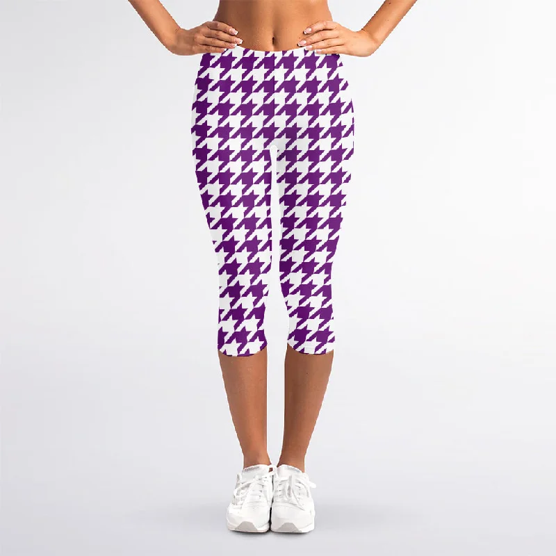 Purple And White Houndstooth Print Women's Capri Leggings