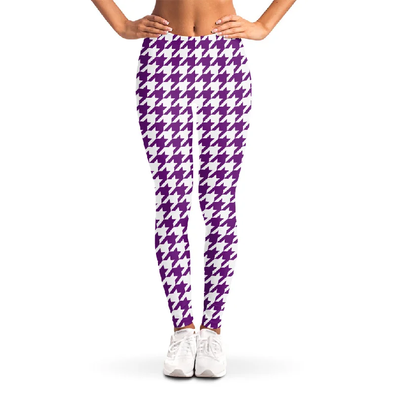 Purple And White Houndstooth Print Women's Leggings