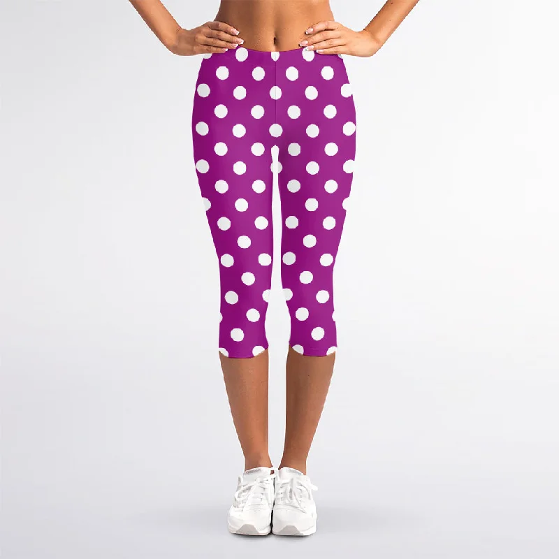 Purple And White Polka Dot Pattern Print Women's Capri Leggings