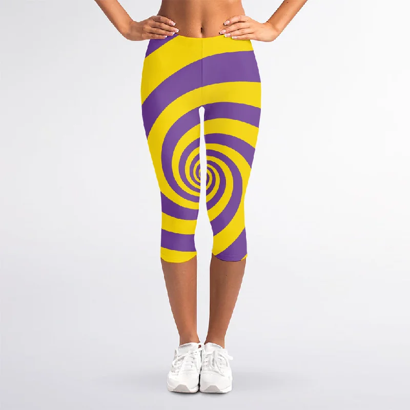 Purple And Yellow Spiral Illusion Print Women's Capri Leggings