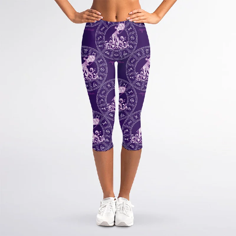 Purple Aquarius Zodiac Pattern Print Women's Capri Leggings