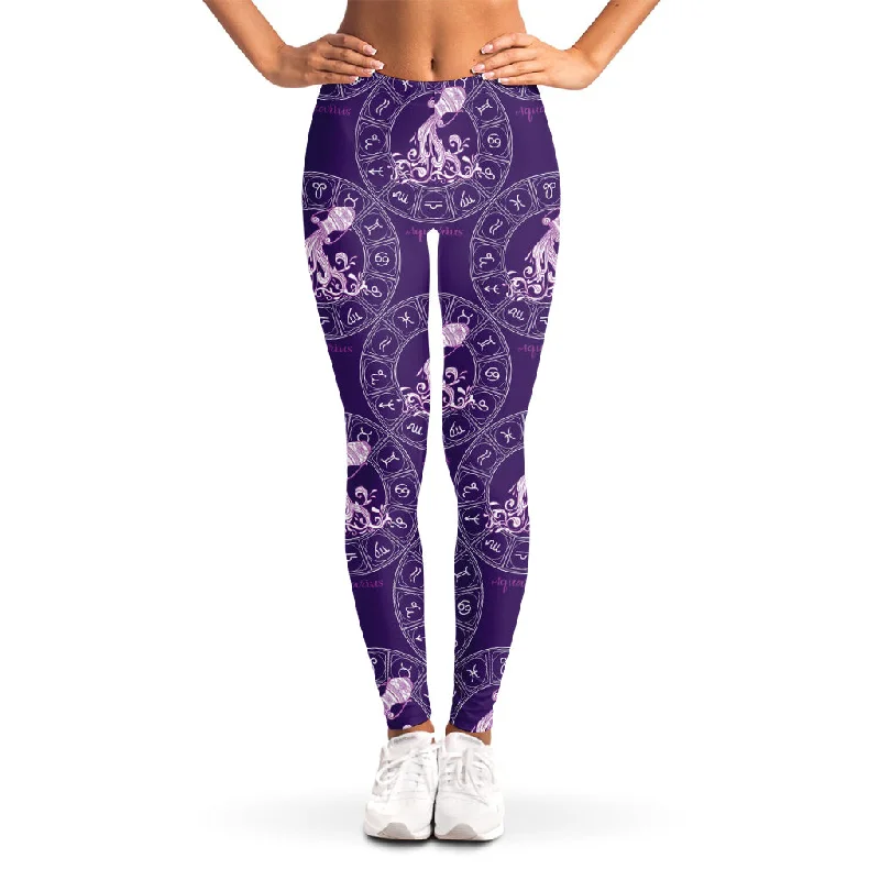 Purple Aquarius Zodiac Pattern Print Women's Leggings