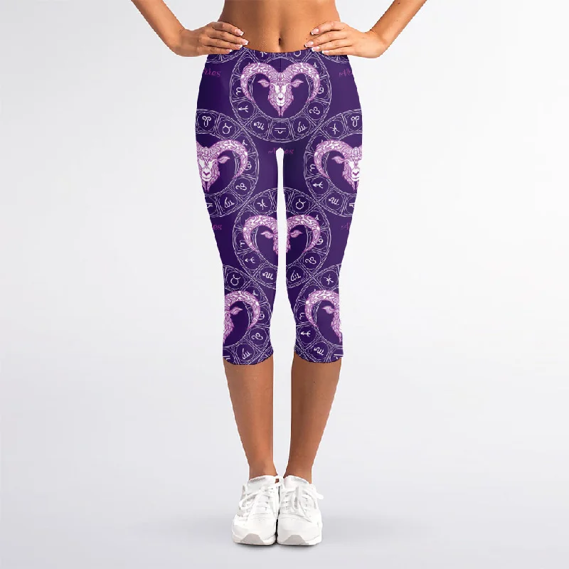 Purple Aries Zodiac Pattern Print Women's Capri Leggings