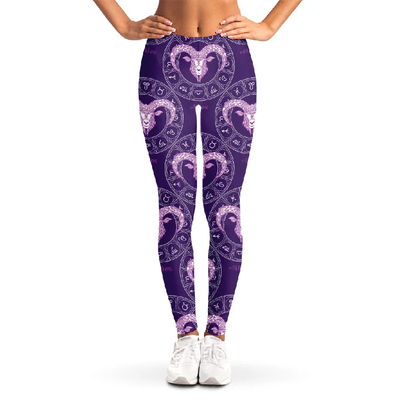 Purple Aries Zodiac Pattern Print Women's Leggings