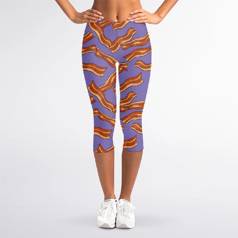 Purple Bacon Pattern Print Women's Capri Leggings