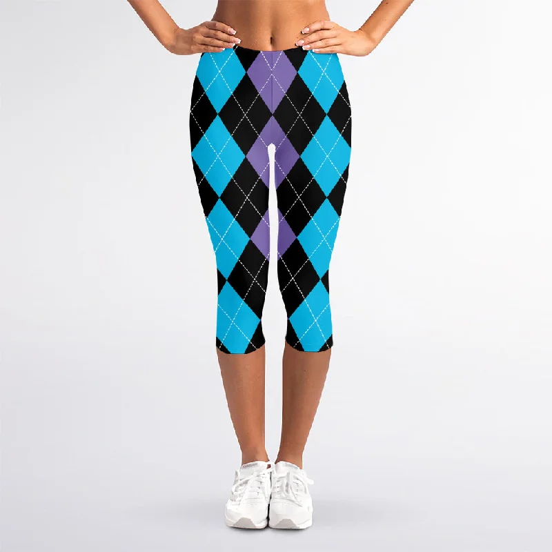 Purple Black And Blue Argyle Print Women's Capri Leggings