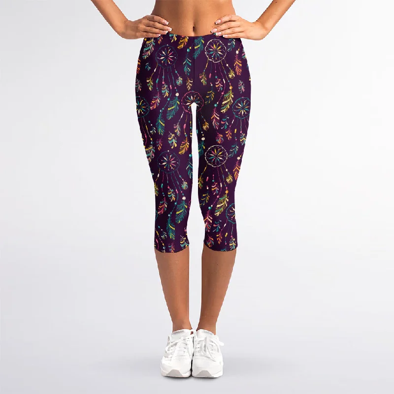 Purple Bohemian Dream Catcher Print Women's Capri Leggings