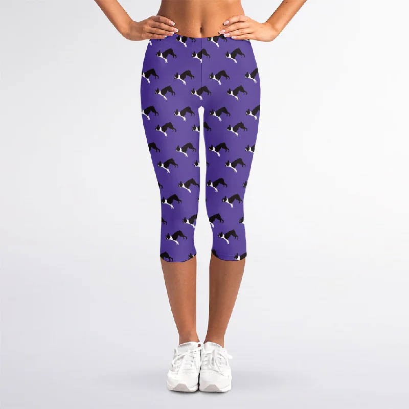 Purple Boston Terrier Pattern Print Women's Capri Leggings