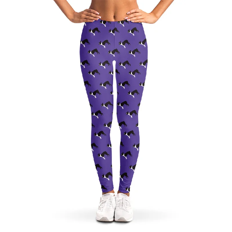 Purple Boston Terrier Pattern Print Women's Leggings