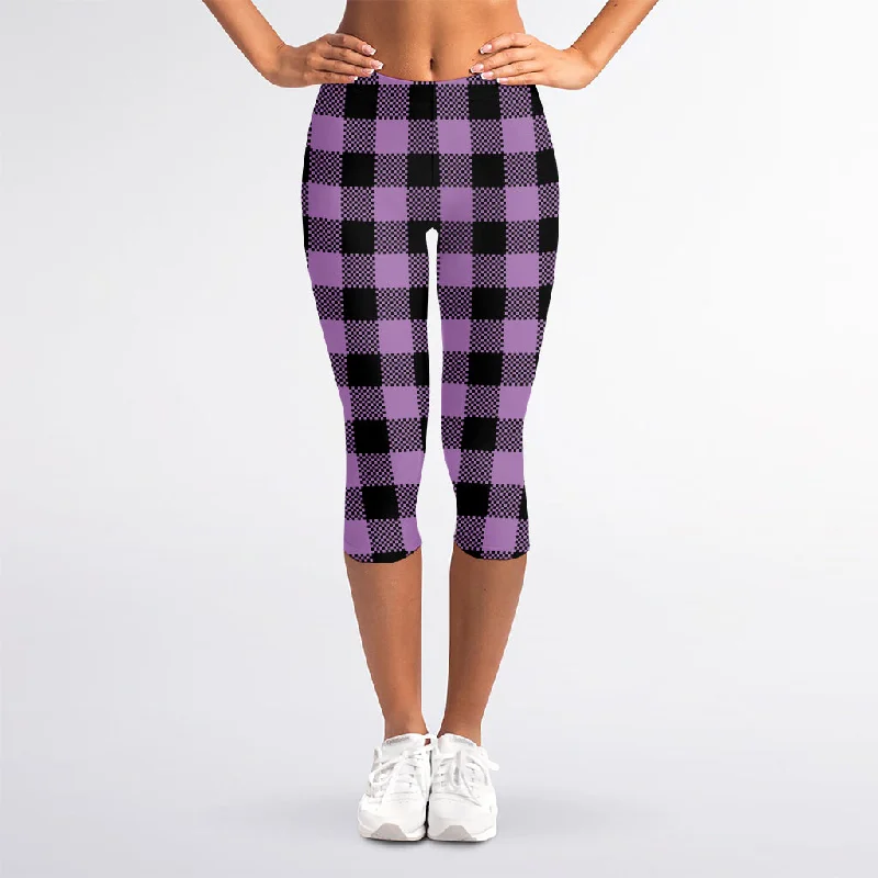 Purple Buffalo Plaid Print Women's Capri Leggings