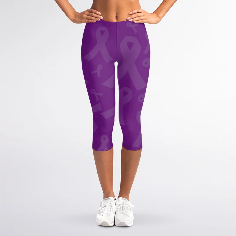 Purple Cancer Awareness Ribbon Print Women's Capri Leggings