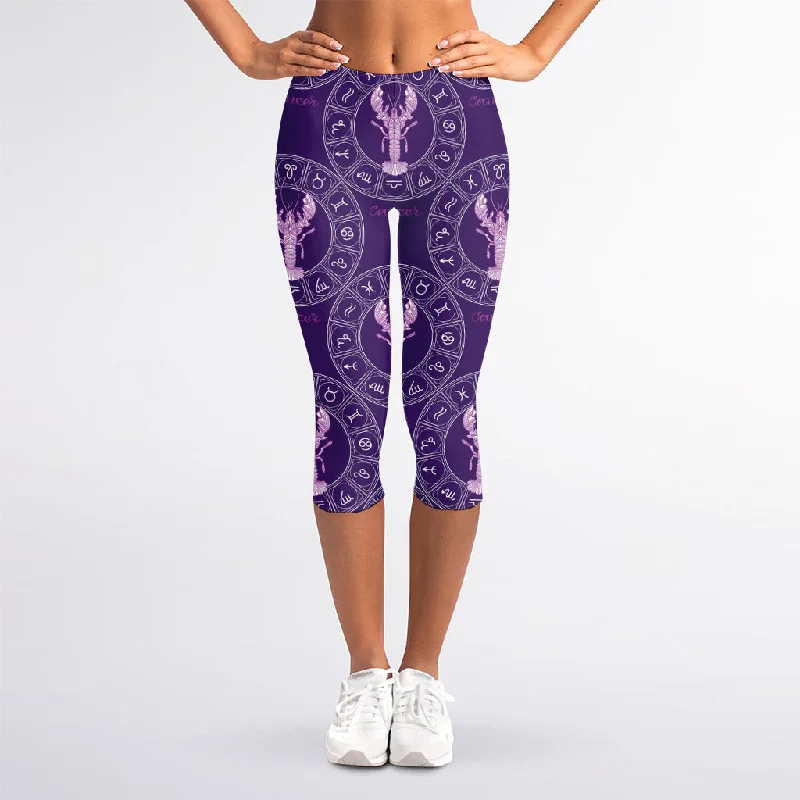 Purple Cancer Zodiac Pattern Print Women's Capri Leggings