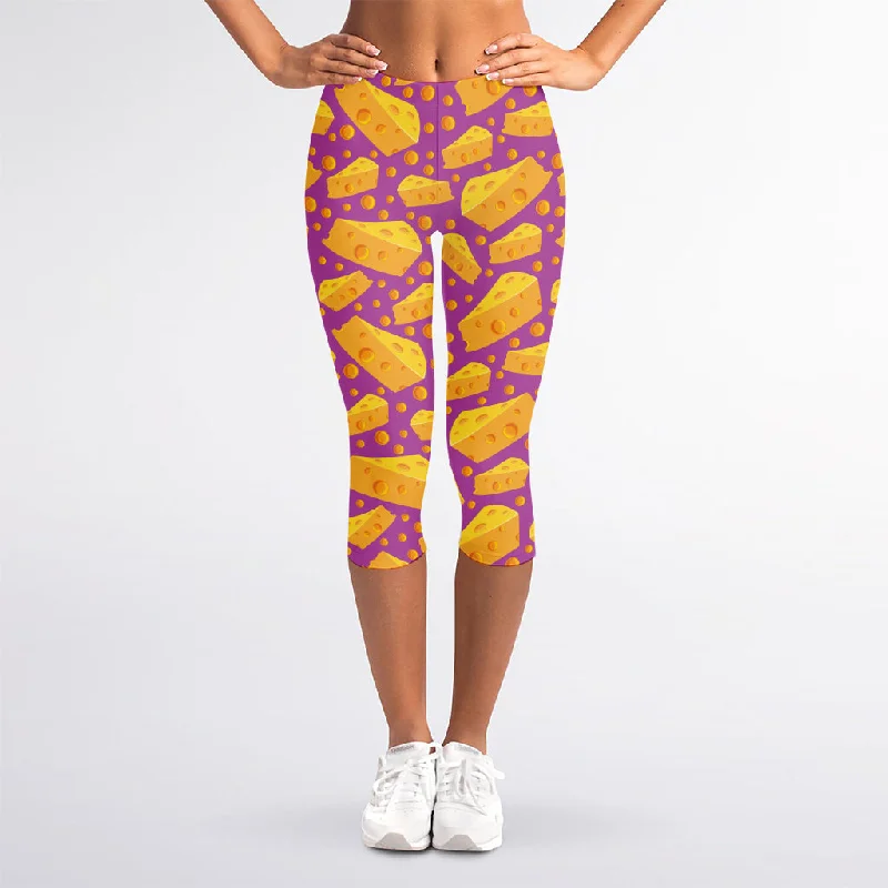 Purple Cheese And Holes Pattern Print Women's Capri Leggings