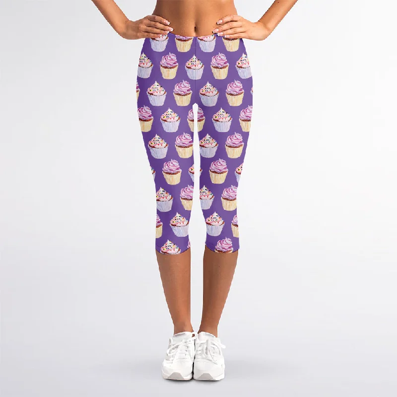 Purple Cupcake Pattern Print Women's Capri Leggings