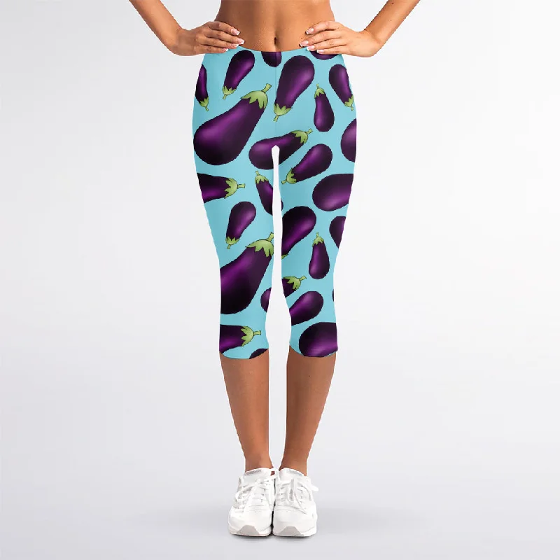 Purple Eggplant Pattern Print Women's Capri Leggings